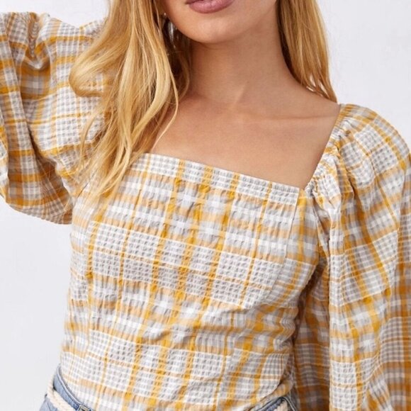 Anthropologie Tops - Anthropologie Maeve Plaid Blouses Puff Sleeves Cropped Size Med